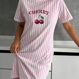 TEMU 여성 라운드넥 레터링 & 체리 프린트 반팔 잠옷, 체리 프린트 원피스, 숏 나이트드레스, 체리 색상 의류