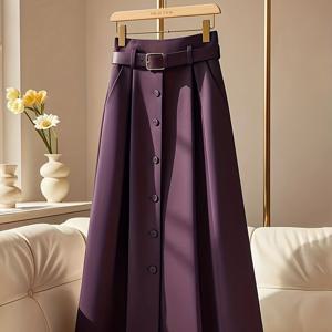 TEMU 보라색 하이웨이스트 A라인 스커트, 넉넉한 스윙 우산 스커트, 미디 기장 스커트, 버튼 스커트, 벨트 포함