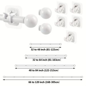 TEMU 창문용 커튼봉 드릴링 불필요 세트 (32~120-128인치), 임차인 친화적인 드레이피 폴, 드릴 불필요 커튼봉 브래킷 5개 포함, 접착 커튼봉 홀더가 있는 실외용 긴 커튼, 드릴링 없이 설치 가능
