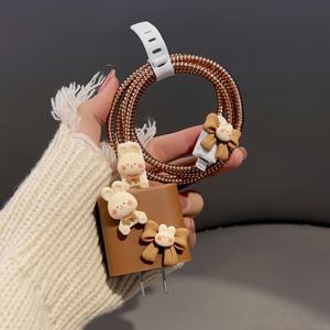 TEMU 애플 밀크티 컬러 토끼 리본 데이터 케이블 보호 슬리브 5개/세트 아이폰 충전기 보호 쉘 슬리브 (잘림 방지)