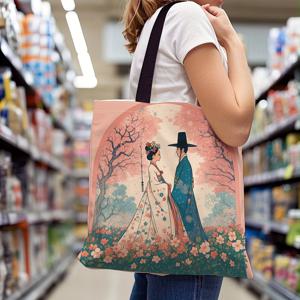 TEMU 한국 전통 한복 토트백 - 커플 & 벚꽃 디자인, 한국어 문양이 있는 재사용 가능한 쇼핑백, 일상 사용에 내구성 있는 선물용 (핑크/그린) - 한국 문화에서 영감을 받은 캐주얼 핸드백