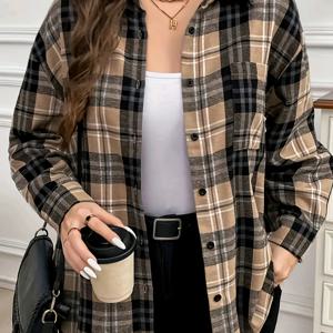 TEMU 새 여성용 체크무늬 버튼 포켓 캐주얼 긴팔 셔츠 - 클래식 다용도 캐주얼 편안한 올 시즌 우아한 셔츠