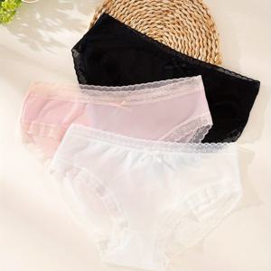 TEMU 여성용 시스루 레이스 팬티 3pcs - 플로럴 리본 끈 팬티, 아이스 섬유 일상 및 특별한 날에 적합, 가볍고 통기성 좋은 미드라이즈 란제리 (손세탁 가능)
