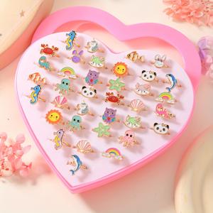 TEMU 오션 월드 시리즈 36개 선물 상자/36개 대량/12개 대량 십대 반지 조합 오션 동물 모양 아연 합금 주얼리 패셔너블하고 귀여운 축제 매칭 데일리 웨어 오션 파크 기념품 선물, 십대용