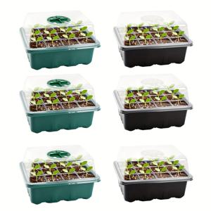 TEMU 습도 덮개가 있는 6개의 씨앗 스타터 트레이, 72구 씨앗 스타터 트레이 키트, 조절 가능한 습도 통풍구가 있는 강력한 씨앗 발아 키트, 온실 및 정원용 투명 식물 스타터 트레이 및 덮개, 3개 녹색, 3개 검은색