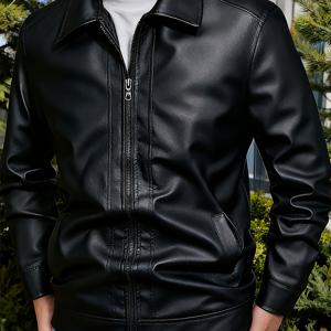 TEMU 남성용 블랙 인조 가죽 재킷 - 클래식 칼라 스타일, 풀 지퍼 디자인, 캐주얼 룩, 부드럽고 내구성이 뛰어난 인조 가죽 소재, 일상 야외 활동에 적합, 포켓이 있는 스타일리시한 재킷, 봄 및 가을에 이상적