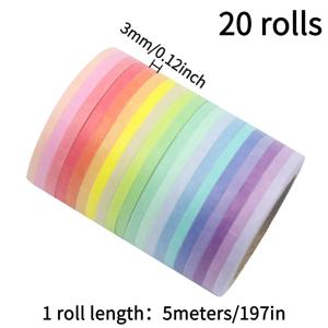 TEMU 20롤 단색 와시 테이프 3/5/7.5mm 길이 5M 좁은 얇은 다이어리 테두리 스트립 테이프 마스킹 테이프