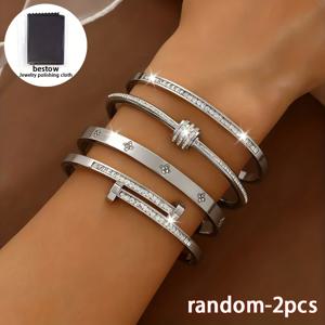 TEMU 스테인리스 스틸 팔찌 2개 세트 [+청소용 천 1개] - 여성용으로 아름답게 디자인된 우아한 팔찌, 저녁 식사 행사, 모임 및 다양한 행사에 적합