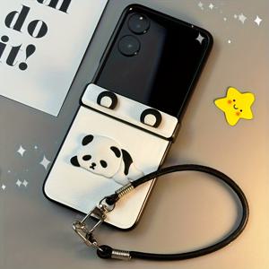 TEMU 폰 케이스: 귀여운 팬더 세트 (접이식 폰 케이스 + 팔찌 포함), 삼성 갤럭시 Z 플립 3/4/5/6/7 호환, 패셔너블 폰 케이스, 귀여운 걸 스타일