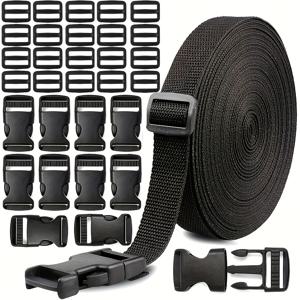 TEMU 10m 헤비듀티 퀵릴리스 버클 세트 - 10m 나일론 웨빙 스트랩, 10개 사이드릴리스 버클 & 20개 슬라이드, 이중 조절 버클, 짐, 애완동물 목걸이용, 블랙, 안전한 잠금, 내구성 플라스틱, 튼튼한 구조, 케이블 타이 헤비듀티