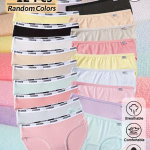 TEMU 12개 묶음, 다양한 색상의 여아용 신축성 좋은 편안한 팬티, 스타일리시한 캔디 컬러 속옷