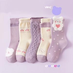 TEMU 5켤레 여아용 귀여운 토끼 미드-카프 양말, 봄 여름용 부드럽고 편안한 레그 삭스, 부드러운 색상 팔레트, 유아 및 여아 데일리 웨어에 적합