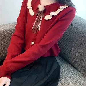 TEMU 2025년 신상 가을/겨울 컬렉션: 축제 분위기의 레드, 루즈핏, 청순 스타일, 인형 칼라, 리본, 긴소매, 여성용 탑, 다용도 아우터, 고급스러운 느낌