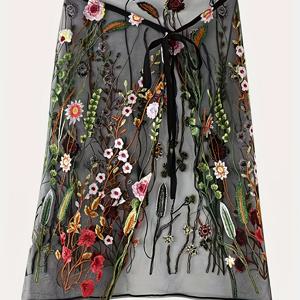 TEMU 여성을 위한 세련되고 독특한 시어 레이어드 드레스. 정교한 꽃과 새 디자인의 헤비 자수, 편안한 실루엣, 기하학적 패턴이 특징입니다.