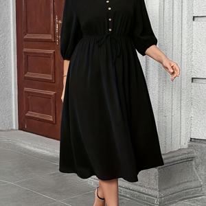 TEMU 플러스 사이즈 - 플러스 사이즈 - 플러스 사이즈용 V넥 퍼프 소매 A라인 드레스, 복부 가림에 적합, 가을, 겨울, 외출, 사무실 복장에 적합, 튜닉 스타일, 여성용 브런치 복장, 여성용 가을 패션