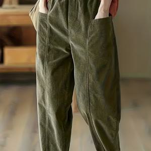 TEMU 플러스 사이즈 - 플러스 사이즈 - 여성용 우아한 와이드 레그 코듀로이 하렘 팬츠 - 포켓이 있는 테이퍼드 디자인, 연중 캐주얼 및 포멀한 모든 행사에 적합