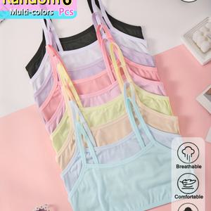 TEMU 6개입 여아용 가볍고 통기성 좋은 캐미솔 속옷, 심플 스타일 더블 레이어 홀터넥 베스트, 8-12세용