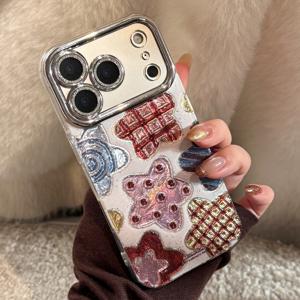 TEMU 아이폰 17 프로 맥스, 15 글리터, 16 전기도금, 13 하드 케이스, 12/11/XS 맥스/7 플러스용 골든 엠보싱 컬러풀 체크무늬 별 케이스