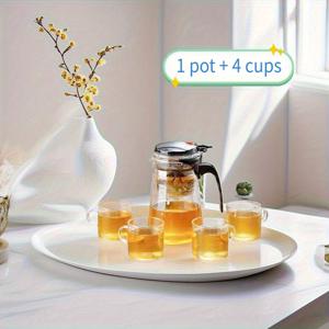 TEMU 내열 유리 찻주전자 세트, 찻주전자 1개와 찻잔 4개 포함. 차잎과 물을 쉽게 분리할 수 있는 원버튼 탈착식 티푸드가 장착되어 있습니다. 가정용, 캠핑용, 여행용으로 이상적이며 가족을 위한 완벽한 선물입니다.