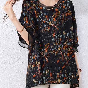 TEMU 여성용 우아한 플로럴 프린트 셔츠 - 긴소매 하프 슬리브 쉬폰 탑 (브라 사이즈 최대 51인치, 길이 27.5인치) - 세탁기 사용 가능한 쉬폰 소재, 올 시즌 적합, 하이-로우 헴 디자인