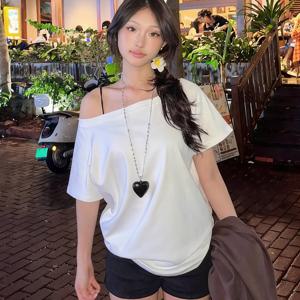 TEMU Y2K 캐주얼 패션 루즈핏 다용도 화이트 원넥 반팔 티셔츠 여성 오프숄더 탑