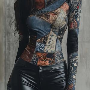 TEMU 빈티지 콜라주 프린트 하이넥 긴팔 티셔츠 - 슬림핏 빈티지 그래픽 티, 생동감 넘치는 컬러, 캐주얼 패션 스타일, 봄과 가을을 위한 스트레치 소재, 여성용 티셔츠