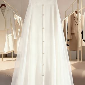 TEMU 여성용 화이트 플로우리 롱 스커트, 봄/여름/가을용, 하이웨이스트 싱글브레스티드 A라인 纸喇叭 치마, 부드럽고 우아한 요정 같은 플로우리 미디 기장