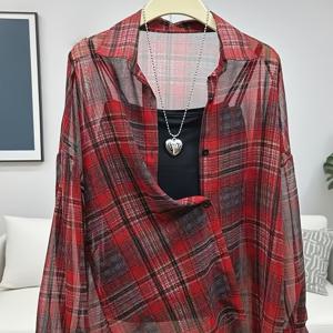 TEMU 여성 봄 여름 레드 앤 블랙 체크 셔츠 - 루즈핏 버튼 앞면 쉬폰 시어 가디건, 패션, 우아하고 다재다능한 휴가 AC 사무실 자외선 차단 커버업, 한국 스타일 통기성 피부 친화적 재킷