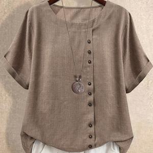 TEMU 플러스 사이즈 - 플러스 사이즈 - 플러스 사이즈 여성 캐주얼 반팔 셔츠, 9개의 단추 장식이 있는 비대칭 앞면, 클래식 커프스 소매 여름 지구 톤 반팔 셔츠 (휴일, 사무실 캐주얼 외출용)