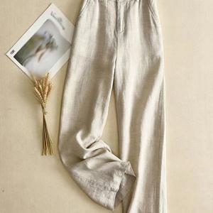 TEMU 여성용 하이웨이스트 면 마 와이드 팬츠 봄 여름 얇은 일자 슬랙스 캐주얼 팬츠 데일리 편안 통기성 프릴 밴딩 허리 린넨 긴 바지