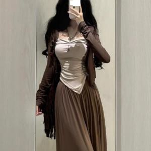 TEMU 여성용 2025년 여름 신상 퓨어 욕망스타일 핫걸 자외선 차단 긴소매 가디건 재킷 캐미솔 와이드 레그 팬츠 3종 세트