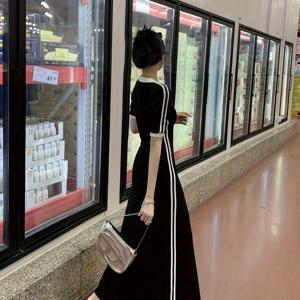 TEMU 여성 반팔 롱원피스 사이드 배색 삼선 슬림핏 날씬해보이는 체형커버 스포티룩 꾸안꾸 마실룩 데일리 져지 원피스 여름 블랙 A라인