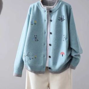 TEMU 2026 봄가을겨울 신상 인기 라운드넥 자수 니트 가디건 실내복 싱글버튼 디자인, 패션 감각을 숨길 데일리 캐주얼 수 없다 슬림소녀 SLIM GIRL