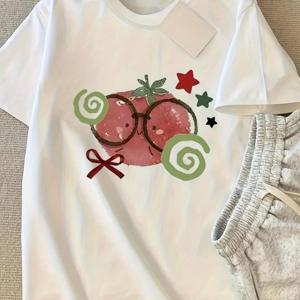 TEMU 여성용 화이트 캐주얼 티셔츠 - 토마토 그래픽 (레드 토마토, 그린 스월) 소프트 폴리에스터 탑 - 여름철 통기성 좋은 데일리 셔츠, 기계 세탁 가능, 편안한 소재, 트렌디한 디자인, 짧은 소매 티