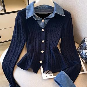 TEMU 여성용 로얄 블루 데님 패치워크 페이크 2피스 스웨터 패셔너블 데님 칼라 상의, 로얄 블루 케이블 가디건, 여성용 로얄 블루 케이블 가디건, V넥 데님 패치워크 상의, 핫 로얄 블루