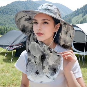 TEMU 여성용 야외 모자입니다. 넓은 챙이 특징이며, 얼굴 마스크와 완전한 목 커버가 함께 제공됩니다. 조절이 가능하며, 휴가, 사이클링, 하이킹, 낚시, 해변 나들이 및 테니스와 같은 활동에 적합합니다.