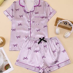 TEMU 여성용 라이트 퍼플 리본 2피스 파자마 세트, 반팔 가디건과 탄성 허리밴드 쇼츠, 봄, 여름, 가을에 적합한 편안한 잠옷 및 캐주얼 라운지웨어, 부드러운 소재, 버튼 디자인, 탄성 허리밴드, 주문 환영