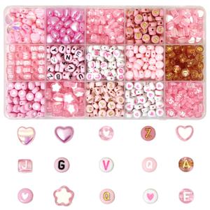 TEMU 핑크 아크릴 비즈 레터 비즈 센터 비즈 1박스, 주얼리 제작에 적합, 고품질 부드러운 비즈, 목걸이, 팔찌, 키체인 및 비즈 장식에 완벽 - 15칸 수납 상자 포함 - 주얼리 제작 세트