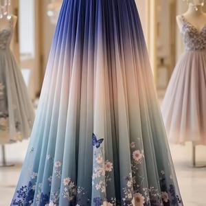 TEMU 봄/여름 신상 그라데이션 프린트 신축성 허리 여성용 롱 A라인 스커트, 우아하고 패셔너블한 시크한 시폰 맥시 원피스, 데일리웨어용, 사계절 활용 가능