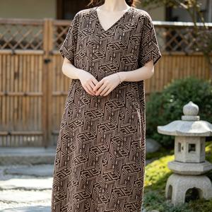 TEMU 세련되고 우아한 린넨 플로럴 프린트 봄/여름 미디 기장 드레스 여성 플러스 사이즈 캐주얼 해외 무역 스커트 커버업