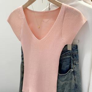 TEMU 여름 신상 여성 V넥 리브드 숏탑, 편안한 고탄력 슬림핏 피규어핏 캐주얼 우아한 퀄리티 출근룩 다용도 심플 우아한 아웃핏 발렌타인데이 니앤