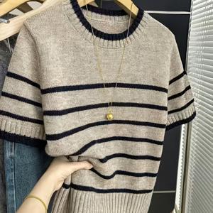 TEMU 여성용 빈티지 오트밀 스웨터 - 반팔 루즈핏 라인 블라우즈 상의 | 통기성 좋은 속옷/겉옷용, 봄 여름 가을 레이어링 아이템, 캐주얼 의상용 라운드넥 스웨터