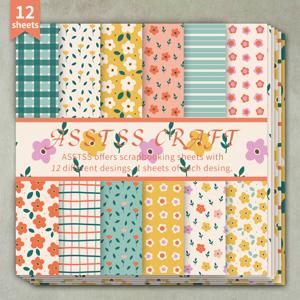 TEMU 새로운 플로럴 체크 디자인의 6 x 6인치 크기의 12매 스크랩북 용지 패드. 벌렛 저널링, 콜라주 아트, 카드 제작, 스크랩북 및 공예에 적합한 두꺼운 카드스톡으로 제작되었습니다.