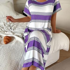 TEMU 여성 캐주얼 블루 & 화이트 프린트 루즈 롱 티셔츠 나이트 드레스 | 크루넥, 올 시즌, 성인용