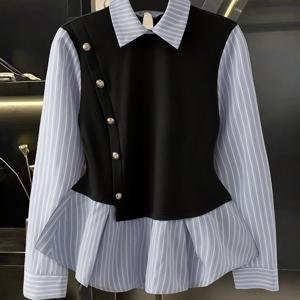 TEMU 여성용 컬러 블록 긴팔 러플 버튼업 패션 투인원 셔츠