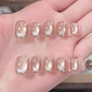 TEMU 10개 진주 글램 프레스온 네일 - 누드 브라운 그라데이션 고양이 눈 거울 은색 엣지 네일 아트, 고급 짧은 스타일 인조 네일, 재사용 및 제거 가능, 인스타 스타일 바이럴 트렌디, 핸드메이드
