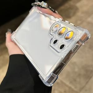 TEMU 휴대폰 케이스: 럭셔리 네 귀퉁이 에어백 심플 고화질 투명 낙하 방지 보호 케이스, 삼성 S26/S25edge/S24/S23 Ultra/Plus/FE용, 유리 렌즈 보호 필름 포함, 소프트 테두리 하드 아크릴 투명 후면 커버