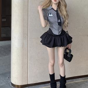 TEMU 여성용 여름 플러피 스커트 셔츠 + 넥타이 스커트 세트 - 칼리지 스타일 JK 유니폼 아메리칸 슈트 반팔 상의