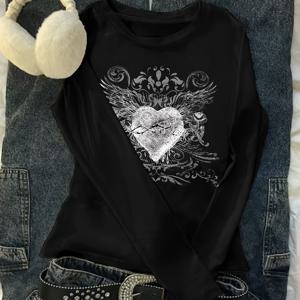 TEMU 2089 - 원피스 여성용 슬림핏 패션 긴팔 캐주얼 하트 라인 윙 로즈 프린트 핫 트렌디 쿨 티셔츠, 우아한 레이어링 탑 봄 가을용, 다용도 착용 - WZH1135