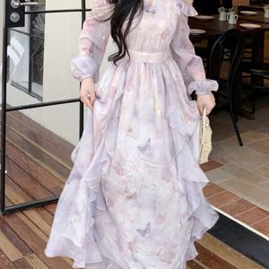 TEMU 성격 오프숄더 불규칙 포일 러플 나비 프린트 긴팔 드레스 봄 여름 해변 휴가 V넥 비즈 스파클링 허리 주름 긴 드레스